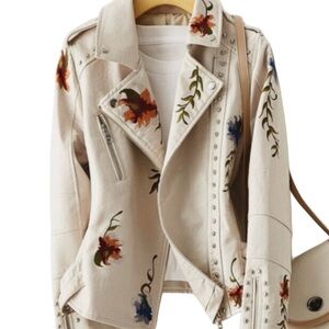 NWT Cream Vegan Leather Biker Jacket with Floral Embroidery and Silver Studs